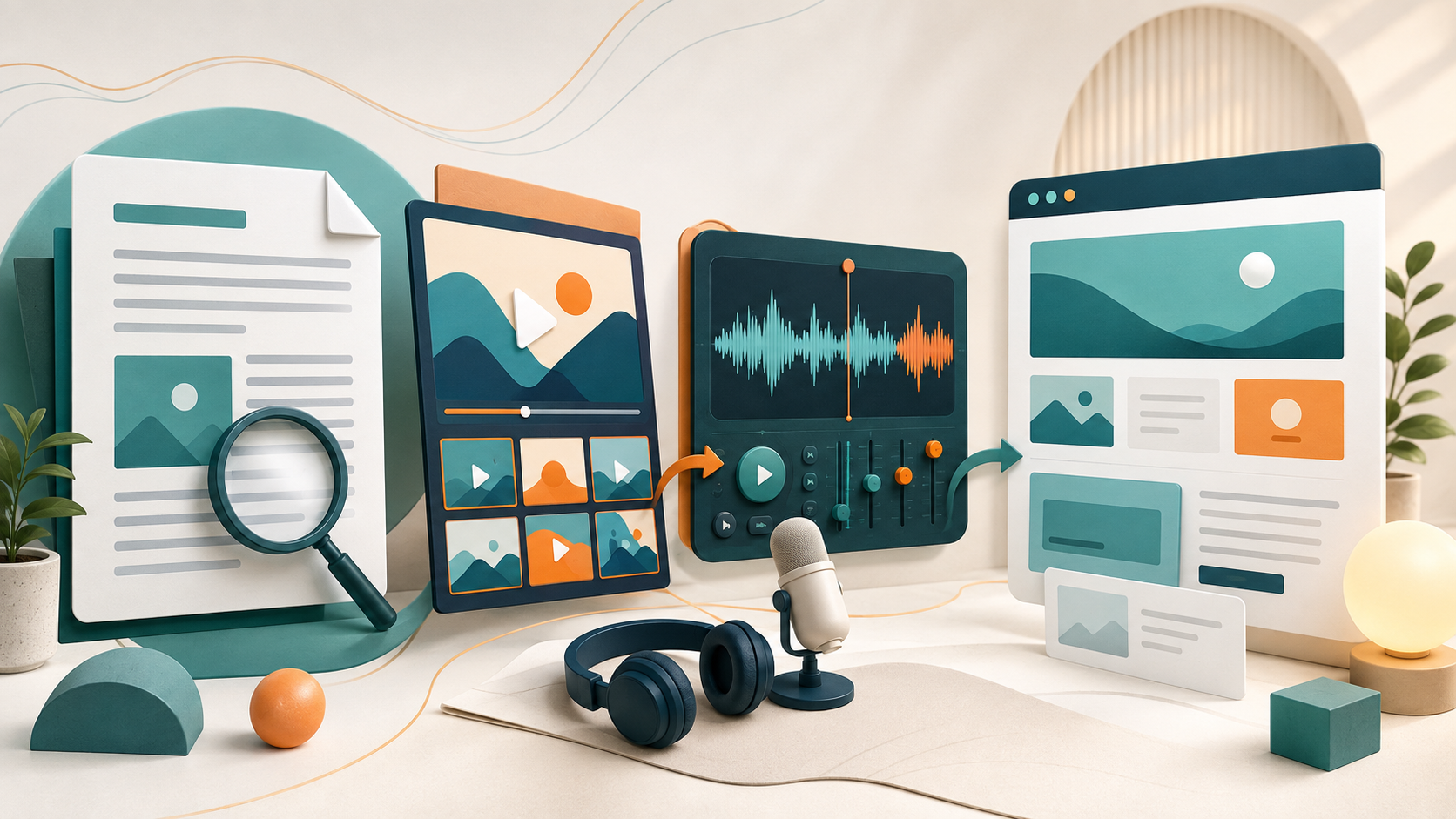 Editorial workspace representing SEO content, YouTube thumbnails, audio production and WordPress design
